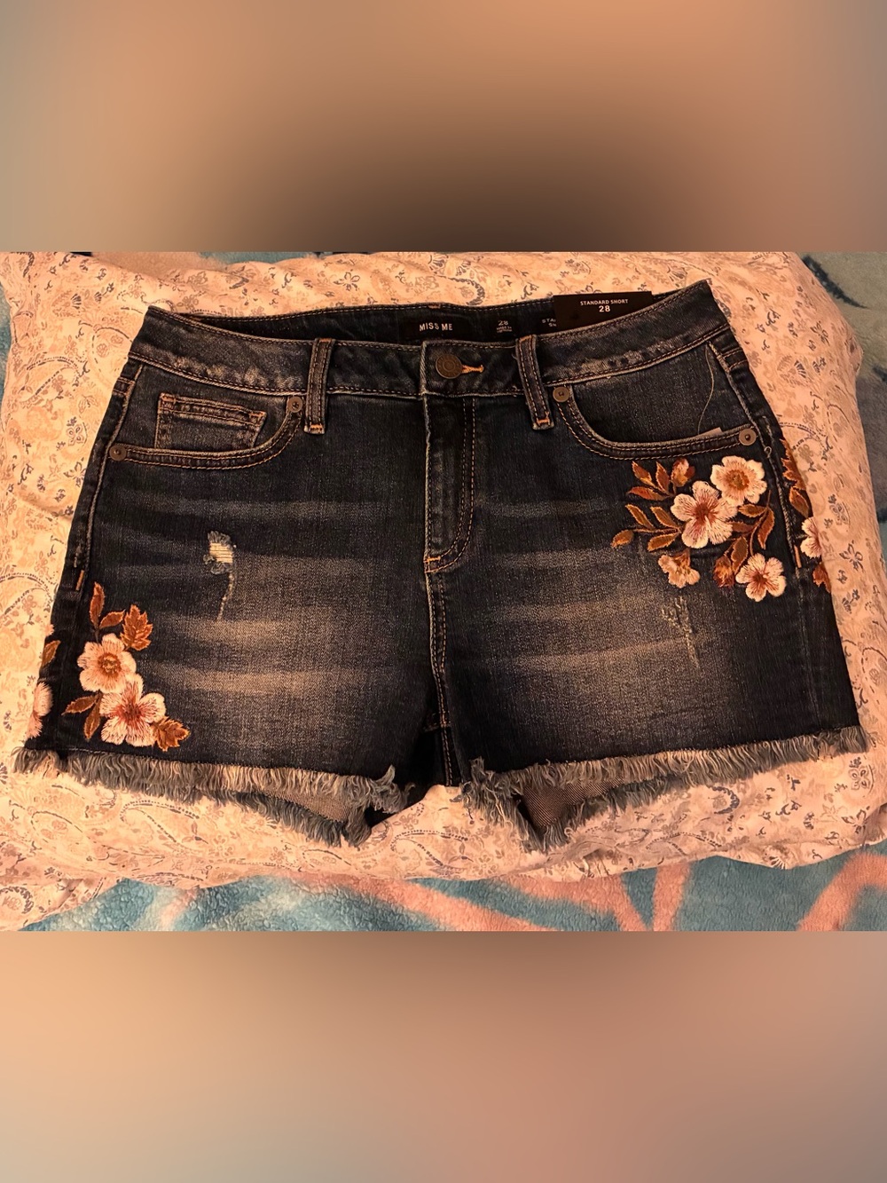 Miss Me Dark Blue Embroidered Frayed Denim Shorts